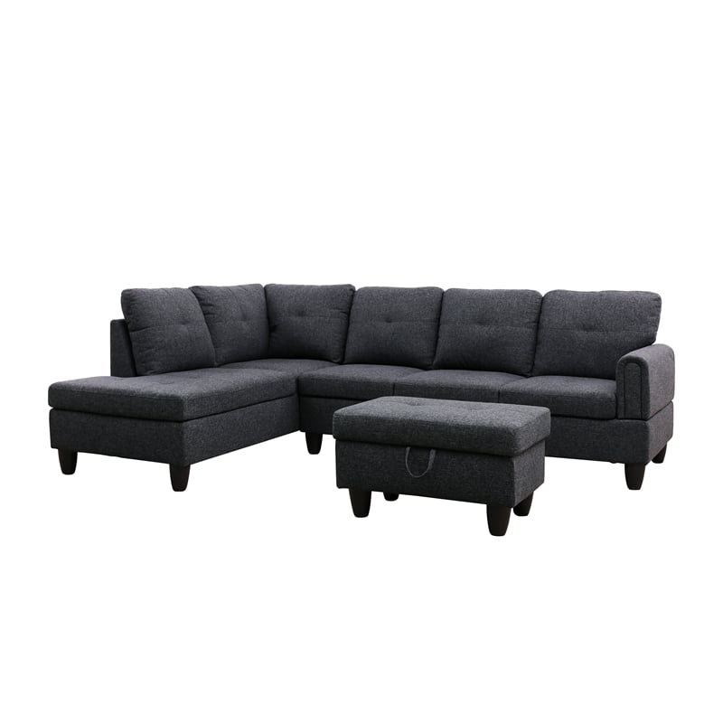 Star Home Living 3PC Linen Sectional Sofa with Ottoman (Black Gray)