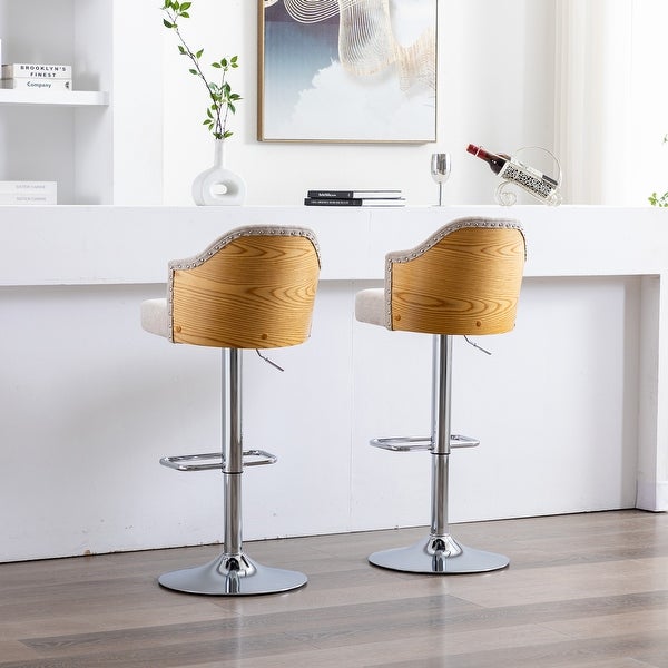 Set of 2 Counter Swivel Bar Stools Adjustable Bent Wood Back Chrome Nailhead Trim Barstools with Back