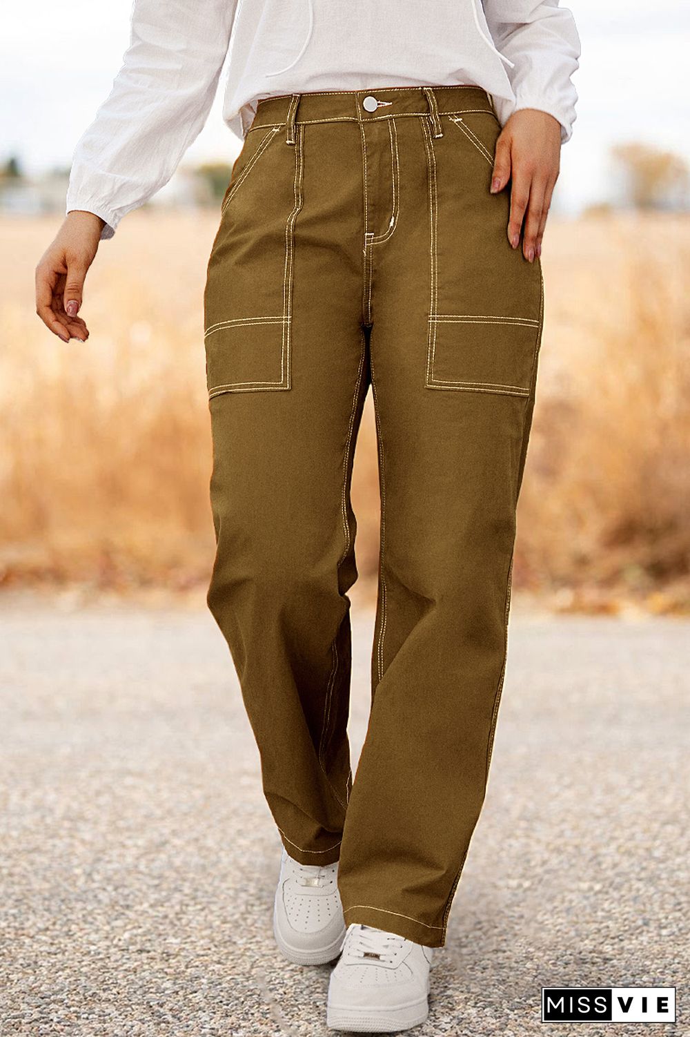 Seam Detail Zip Fly High Waist Straight Leg Pants Without Belt