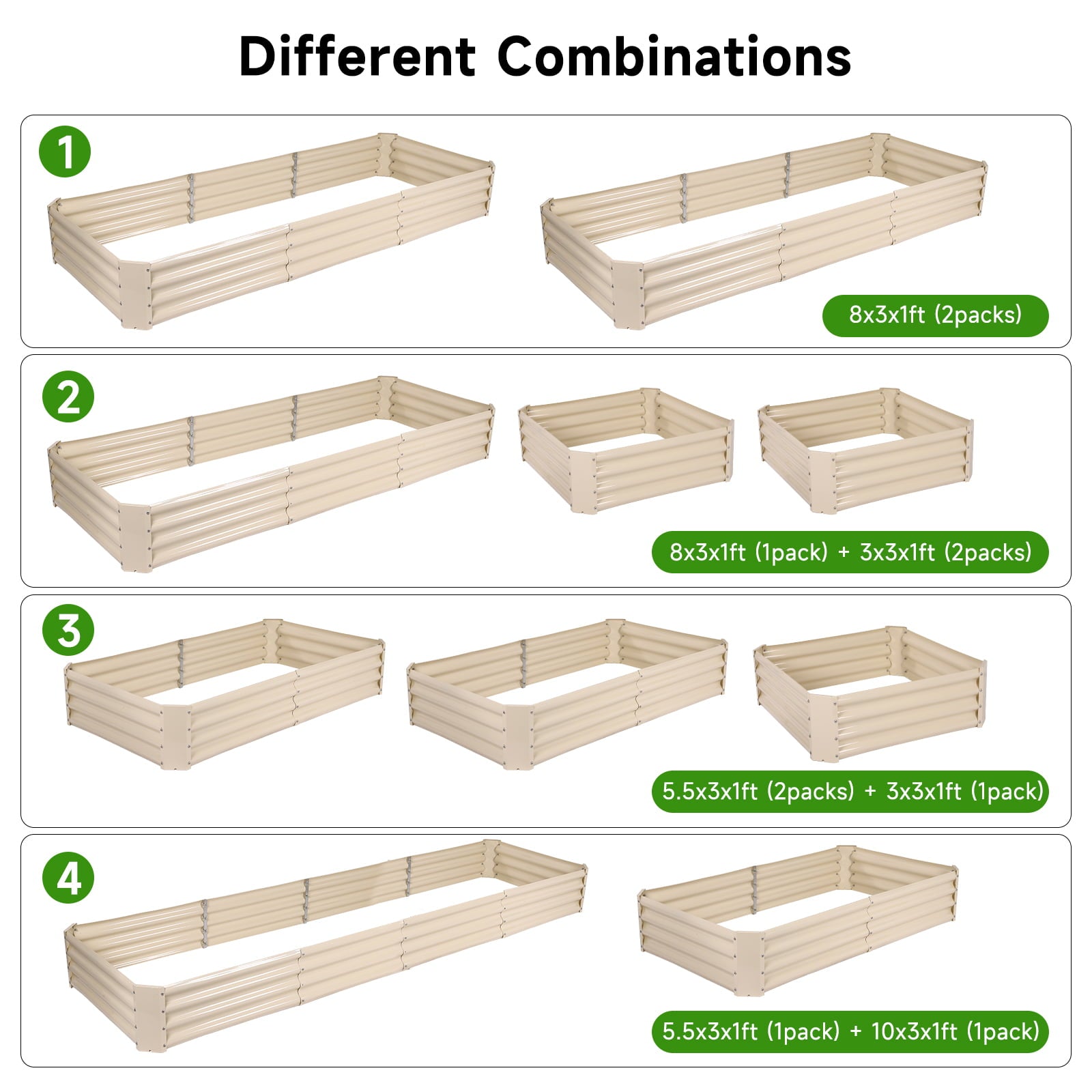 Tramull Galvanized Raised Garden Bed Rectangular Metal Corrugated Planter Box Kit Outdoor for Vegetables Flowers Herbs, Adjustable for Different Combinations, 2 Packs or 3 Packs, Light Ivory, 12"Tall