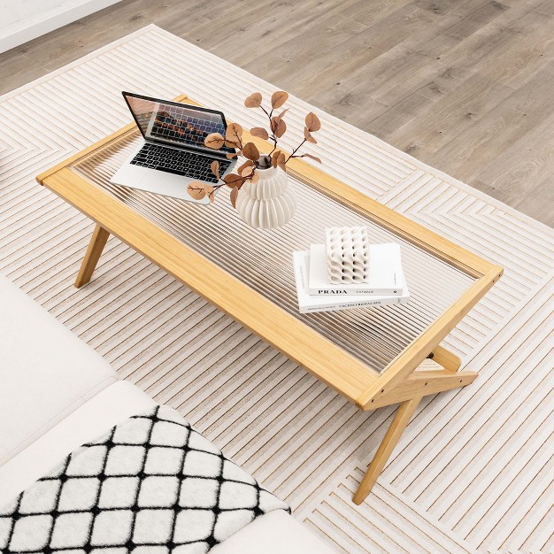 Costway Bamboo Coffee Table 48 x27 x27 2 tier Glass Tabletop Handwoven Rattan Storage Shelf