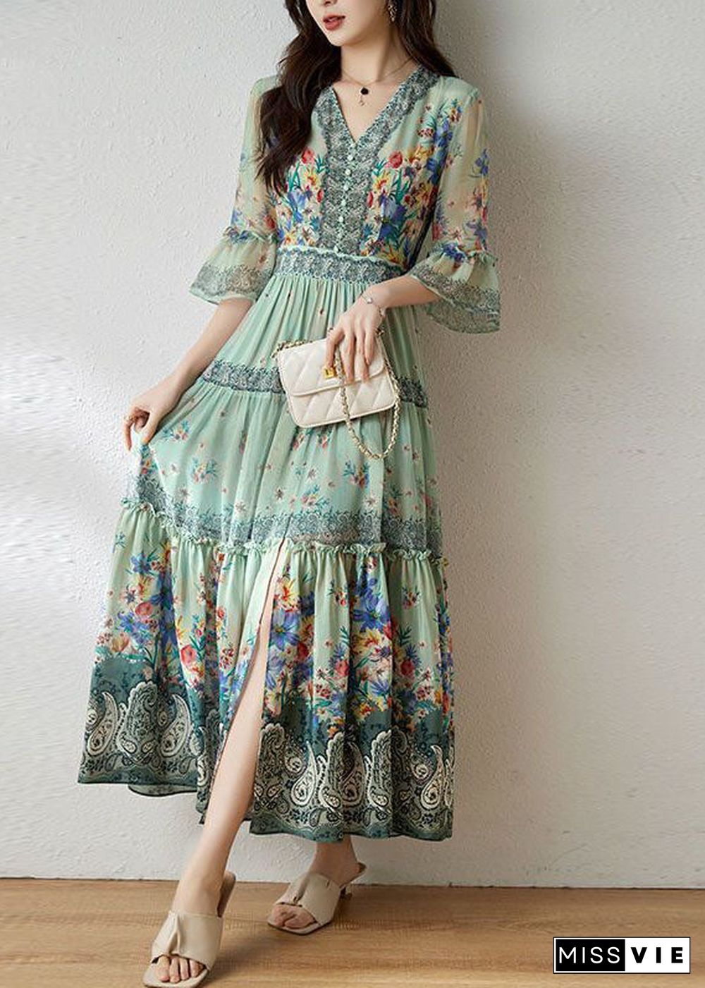 Art Light Green V Neck Ruffled Print Silk Long Dress Flare Sleeve