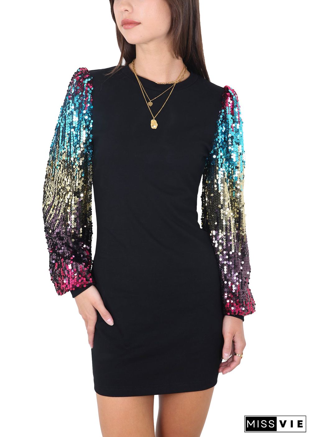 Anna-Kaci Women's Confetti Sequin Balloon Long Sleeve Round Neck Pullover Dress