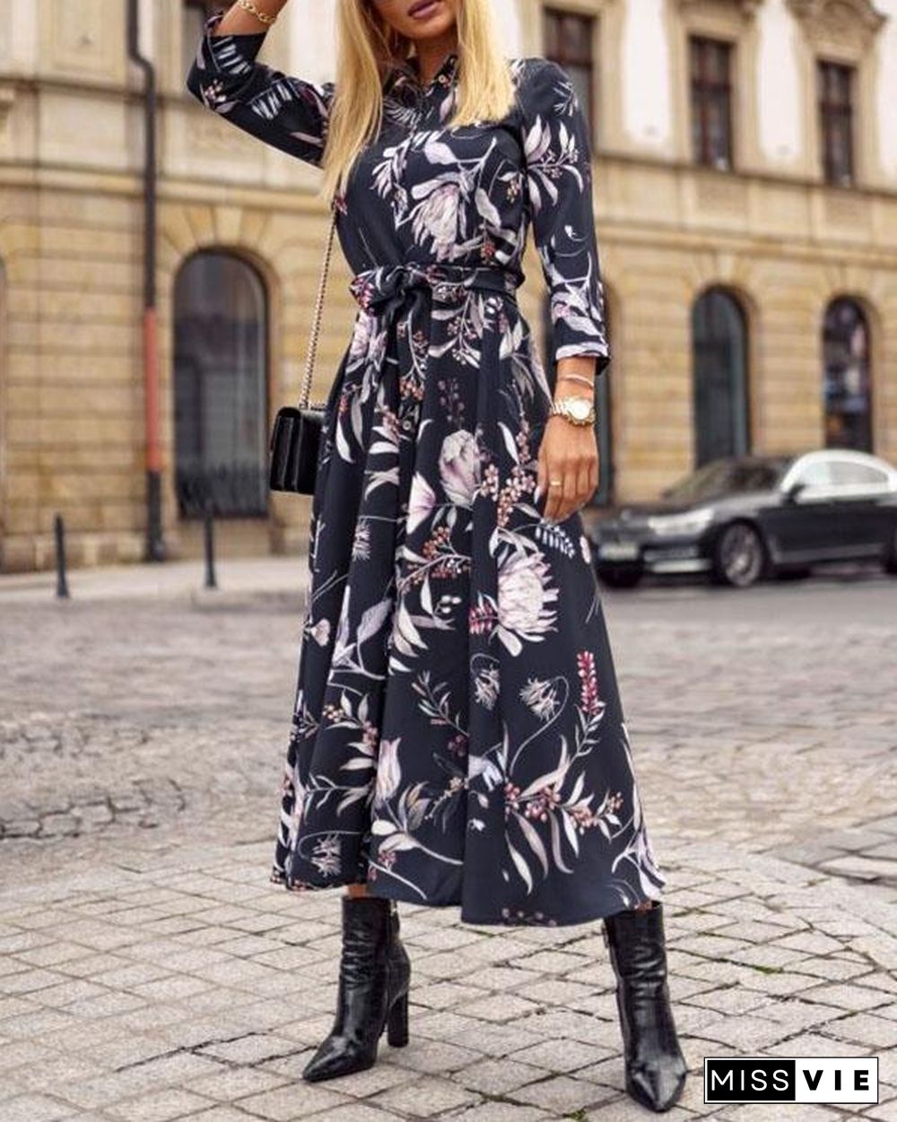 Spring Summer Button Bandage Waist Print Shirt Dresses With Belt