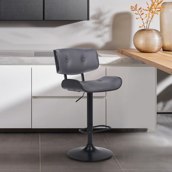 Adjustable Gray Tufted Faux Leather and Black Wood Swivel Barstool. - 46