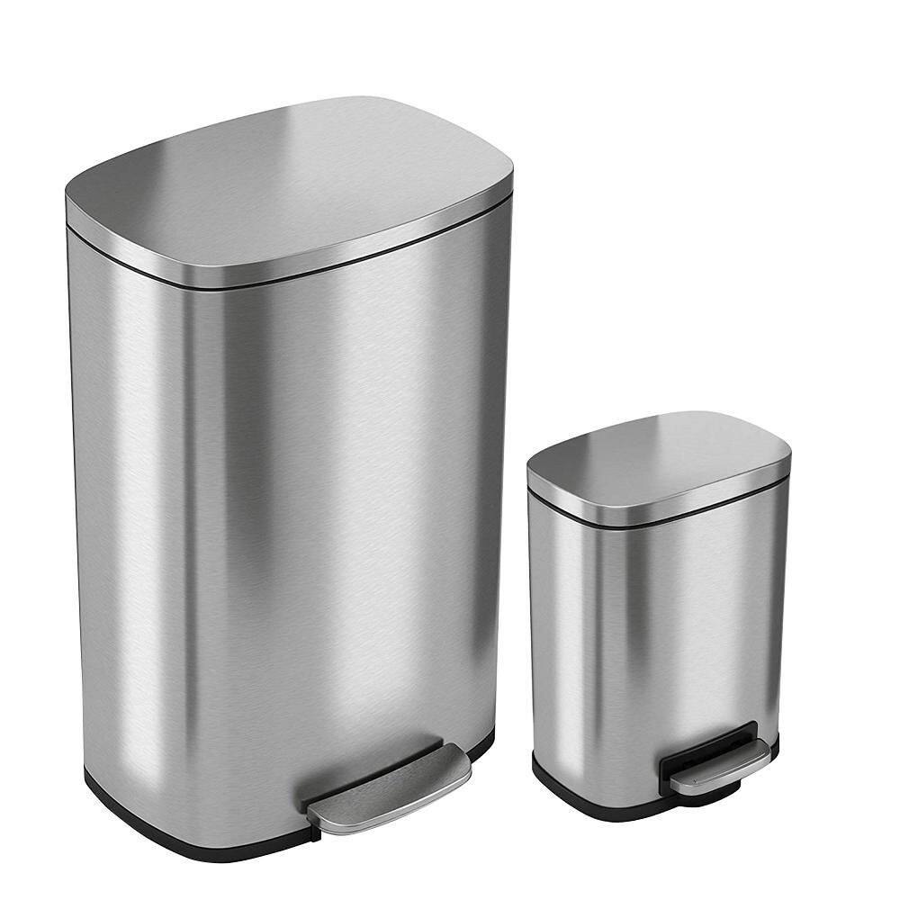 iTouchless 13 Gal. and 1.32 Gallon SoftStep Stainless Steel Step Trash Can Combo Set for Kitchen and Bathroom Removable Bucket CPC1305SS