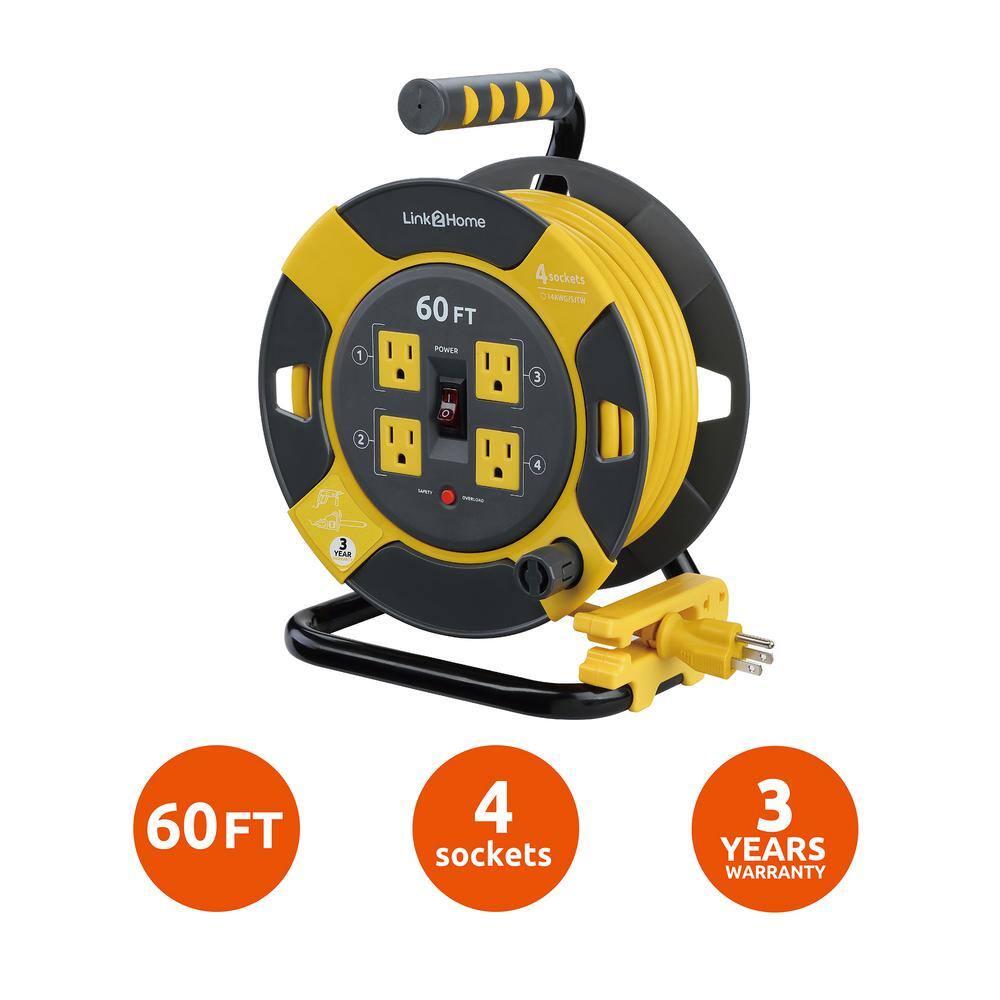 Link2Home 60 ft. 143 Extension Cord Storage Reel with 4 Grounded Outlets and Overload Circuit Breaker EM-EL-600-N