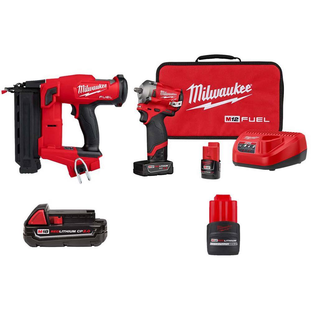 MW M18 FUEL 18-Gauge Cordless Brad NailerM18 2.0 Battery M12 FUEL Stubby 38 in. Impact Wrench 4.0  One 2.0Ah Batteries 2746-20-48-11-1820-2554-22-48-11-2425