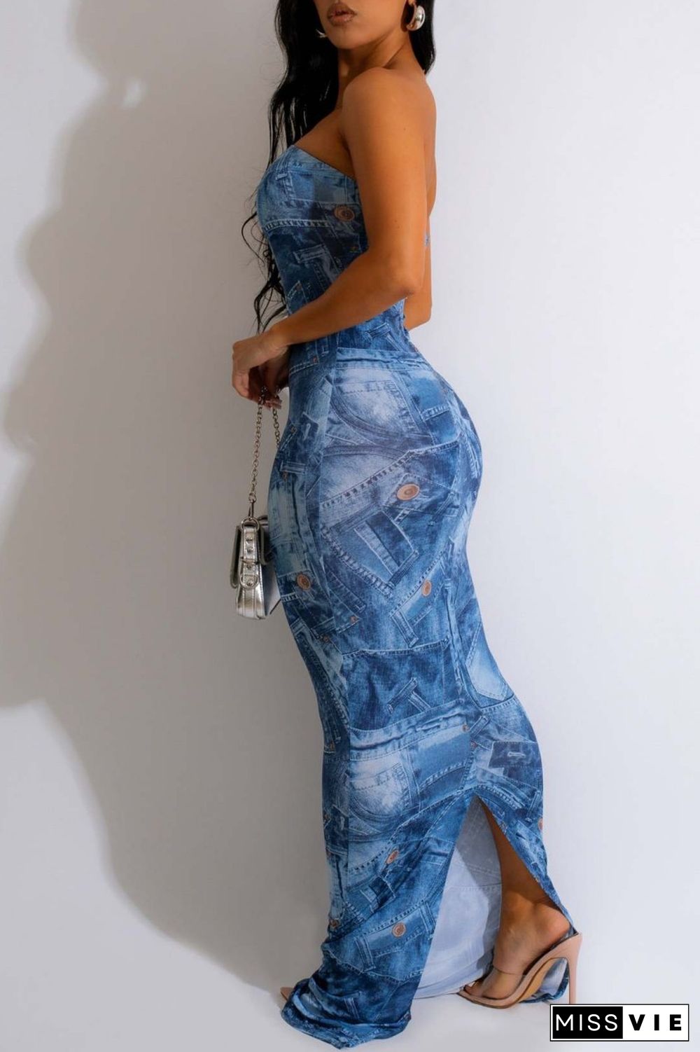 Blue Sexy Print Backless Strapless Long Dress Dresses