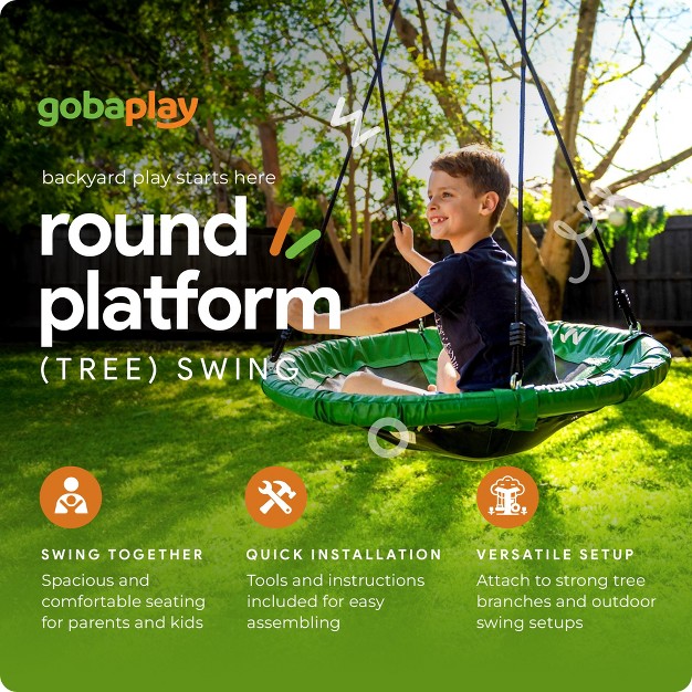 Gobaplay Round Platform Outdoor Backyard Tree Swing With Adjustable Polyethylene Rope And Power coated Padded Steel Frame Green