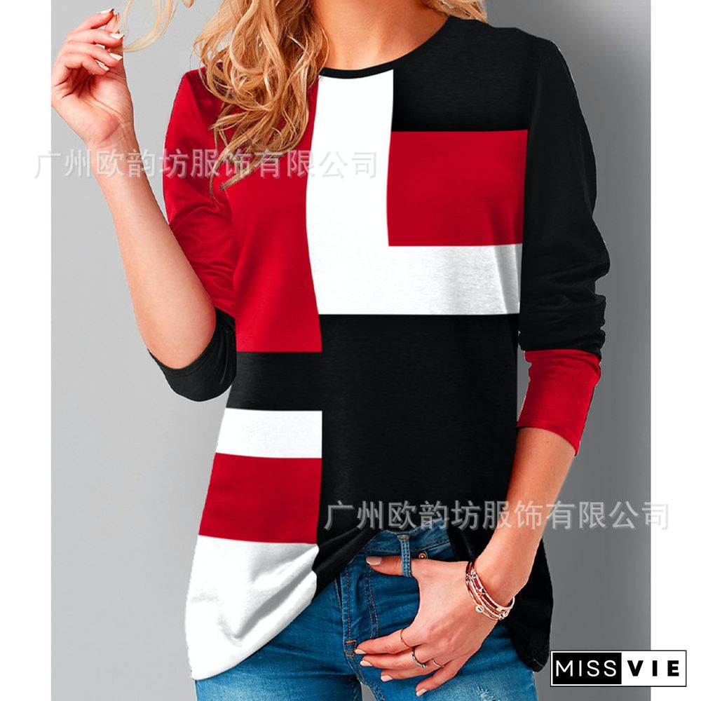 Geometric Colorblock Long Sleeve T-Shirt Goth Short Sleeve Casual Loose T Shirt Women Tops