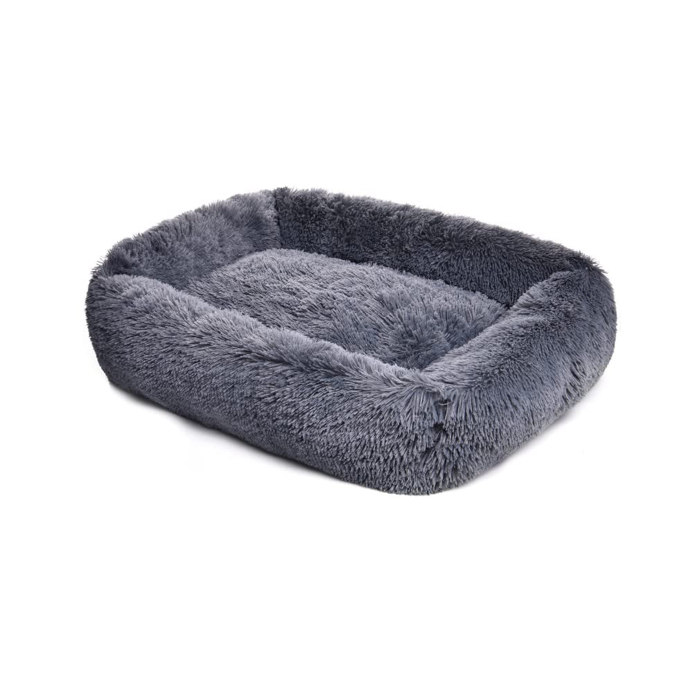 Rectangle Plush Dog Bed Cat Beds for Small Dogs，Washable Large Pet Beds Large（32x28x7in，Under 45 lbs）， Darkgrey