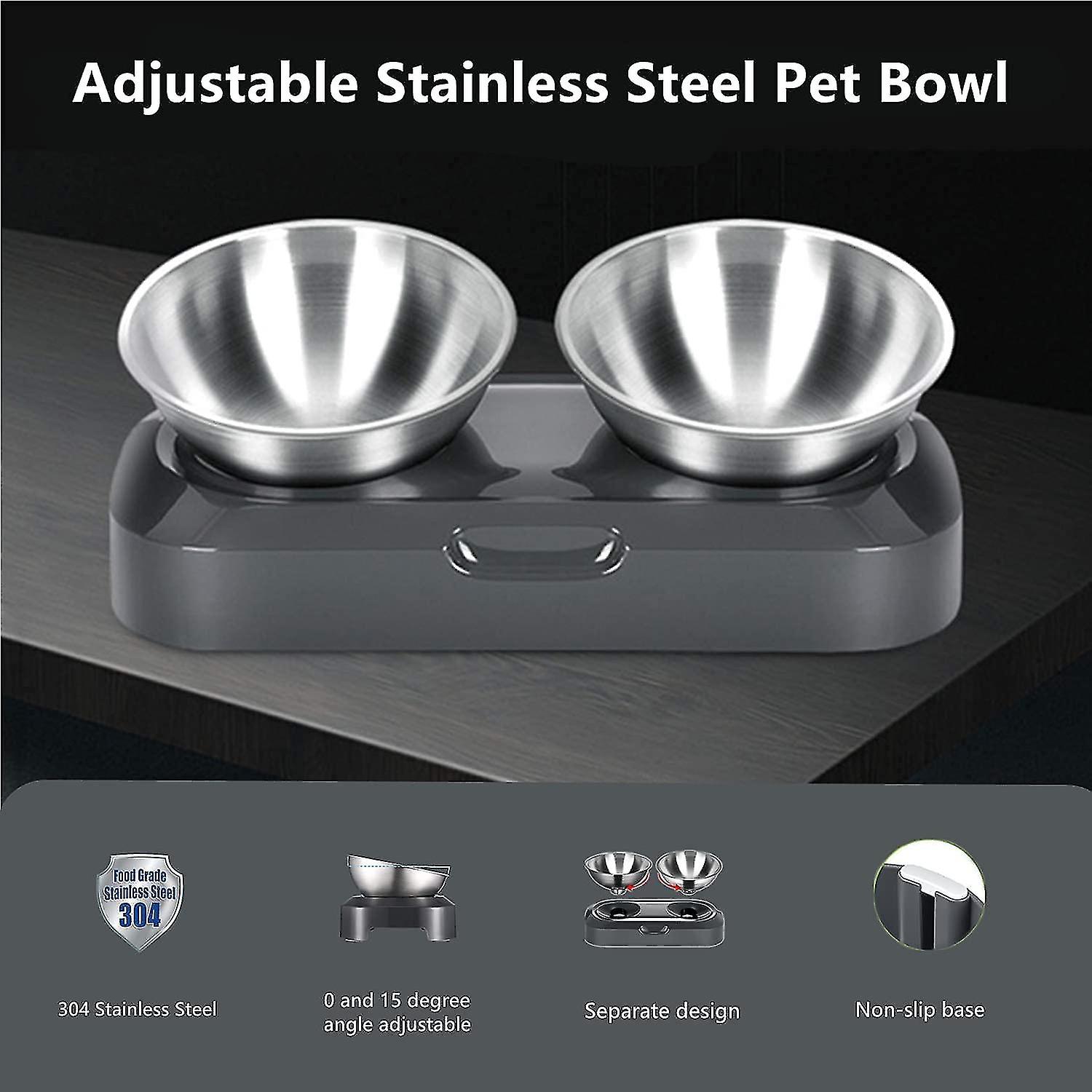 Less Steel Raised Cat Dog Bowl， 400ml X2 Double Bowl For Cat Dog ， Non-slip No Spill