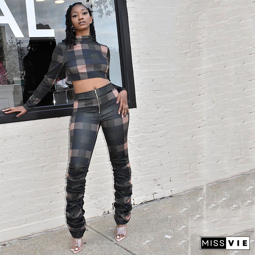 Plaid Turtleneck Crop Top Stacked Pants Set