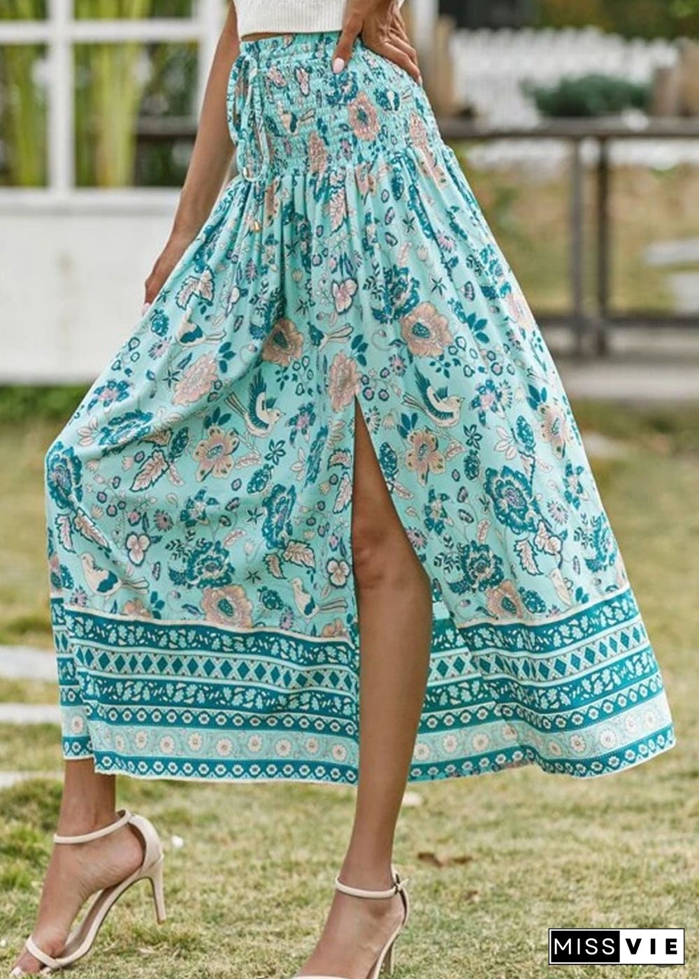 Boho Skirts in Smocked Waist, Bird Garden in Blue For Women