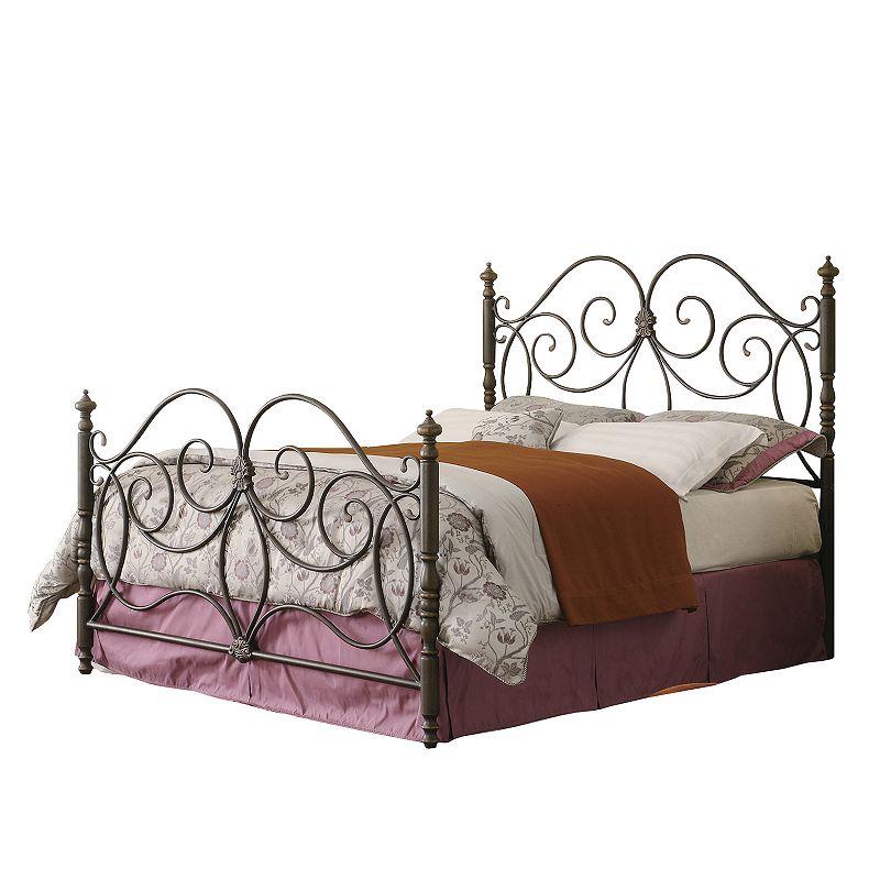 Queen Size Metal Headboard and Footboard with Scroll Work Details， Dark Bronze