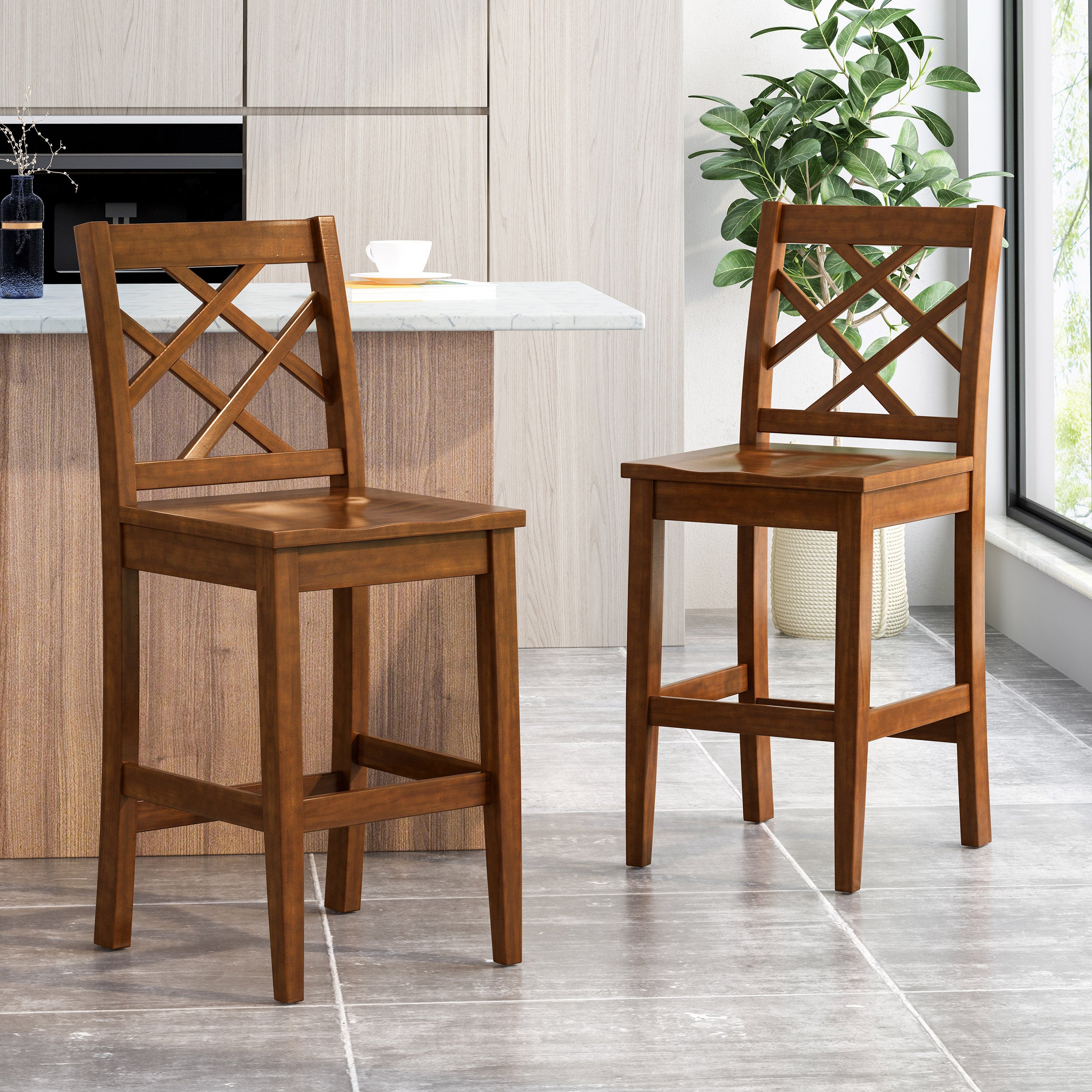 Scottsman Rustic Crossback Brown Mahogany Acacia Wood Counter Stools (Set of 2)