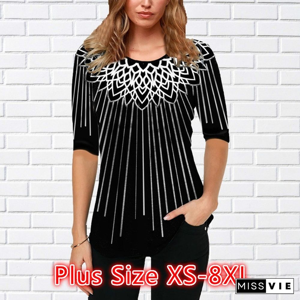 Women's Fashion Print Half Sleeve Blouse Tops T-shirts Plus Size XS-8XL