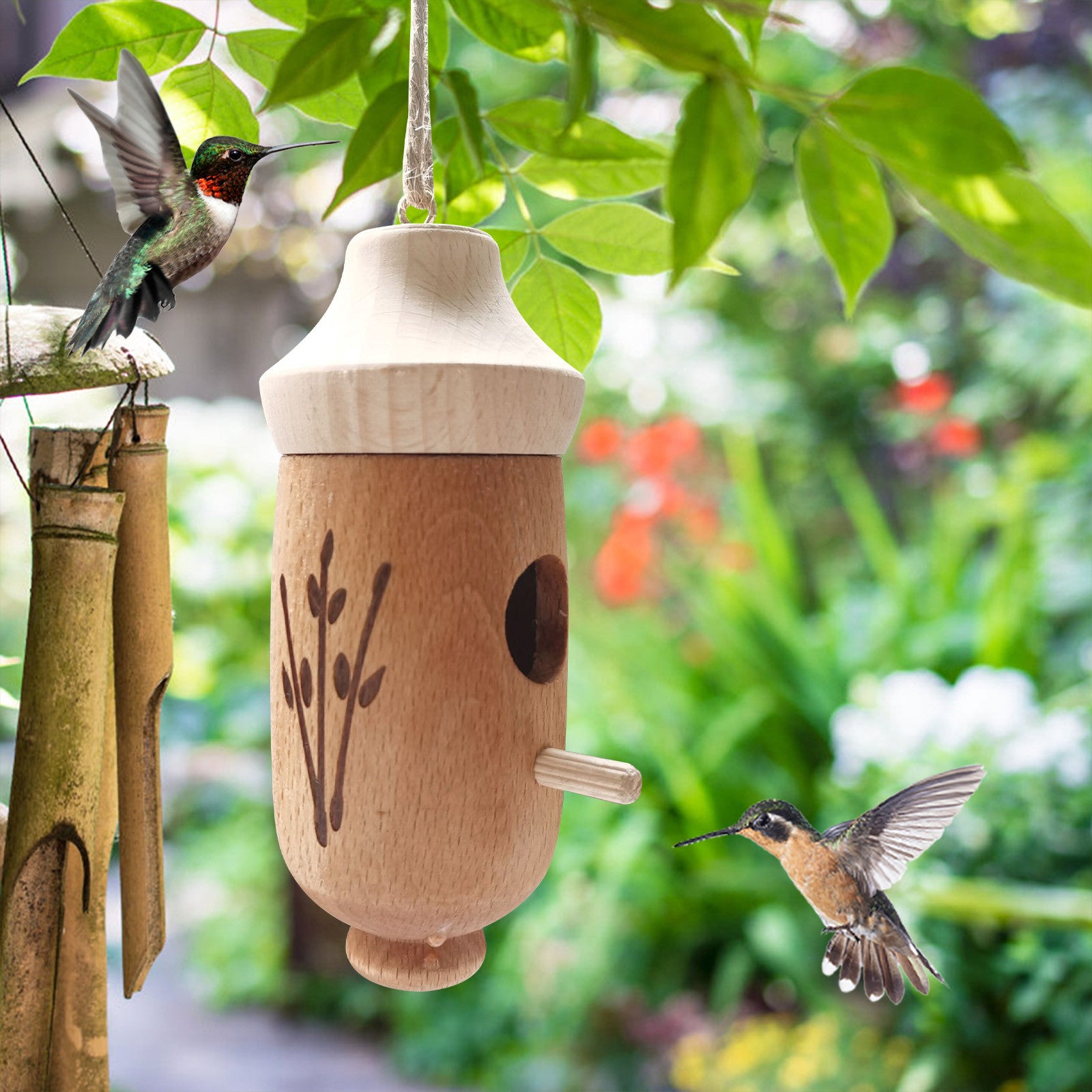 Puntoco Clearance Hummingbird House Outdoor Hanging Wooden Bird Feeder Wooden Hummingbird House