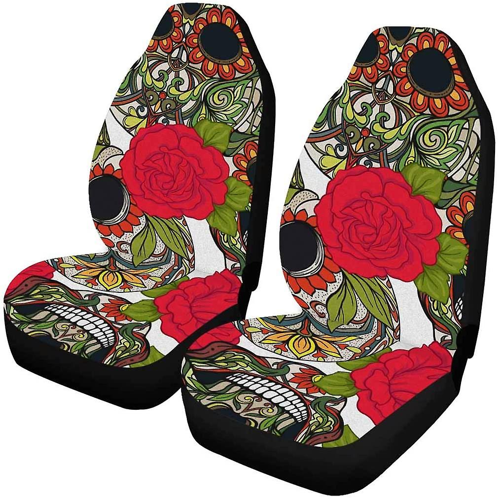 Set Of 2 Car Seat Covers Sugar Skull Red Roses Universal Auto Front Seats Protector Fits For Car，suv Sedan，truck