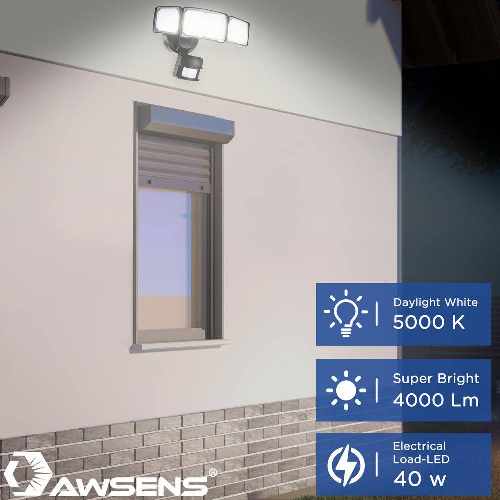 AWSENS 40-Watt 180 Black Motion Activated Outdoor Integrated LED Flood Light with 3 Heads and PIR Dusk to Dawn Sensor AW5483-BK