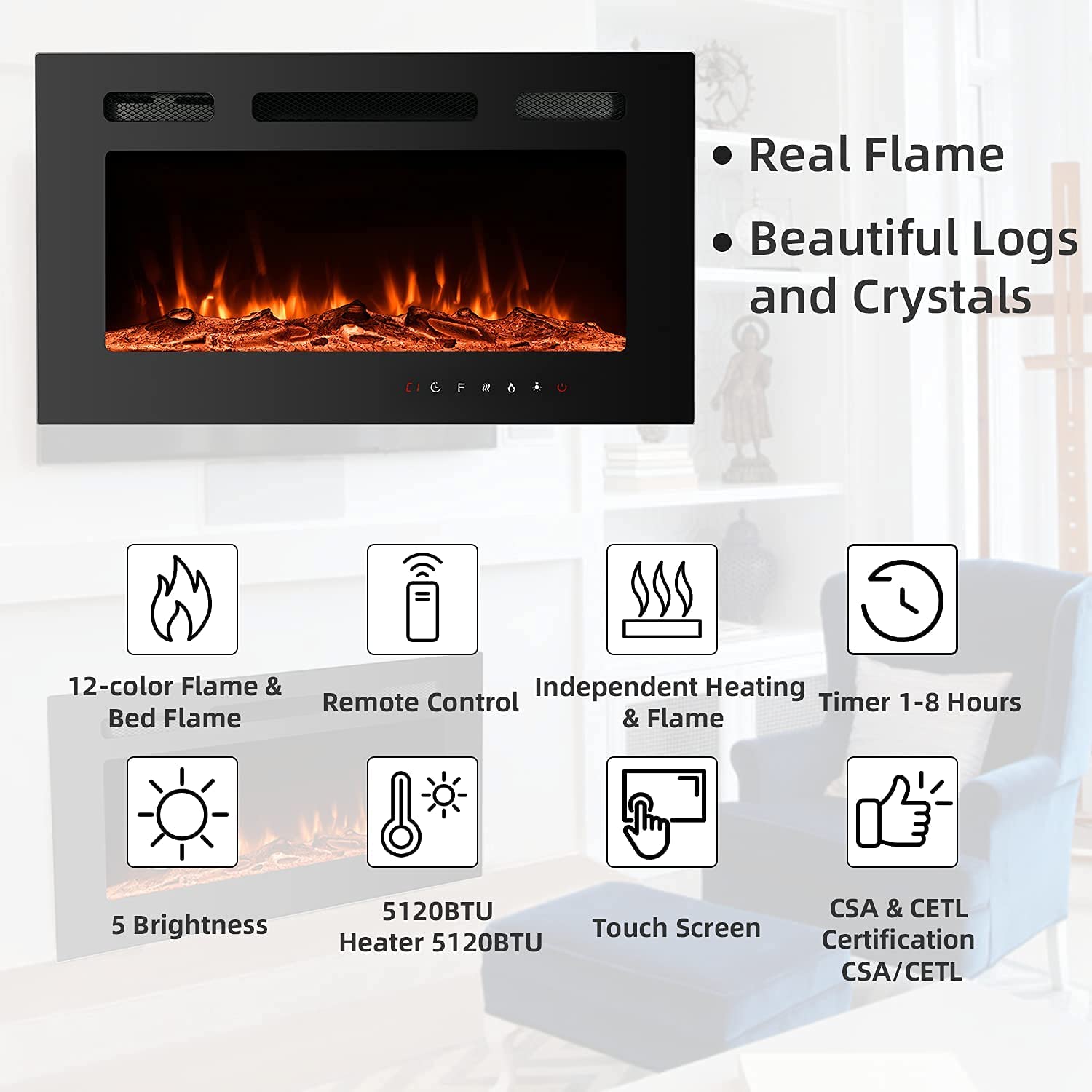 YOLENY 30 inch Electric Fireplace with Free Standing, Wall Mounted Fireplace Insert Heater with Touch Screen Control Panel, Recessed Electric Fireplace, 12 Color LED Flamer, 750/1500W