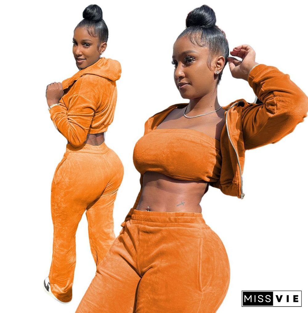 Velvet Zip Hooded Crop Top+Wrap Chest+Pants Set