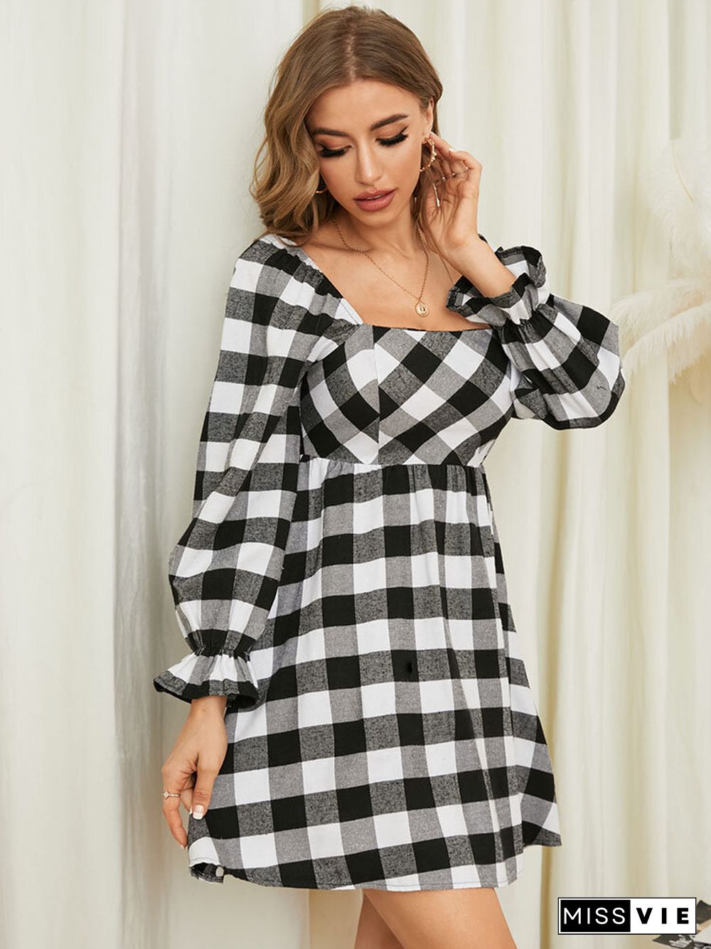 Check Print Square Collar Long Sleeve Dress Women