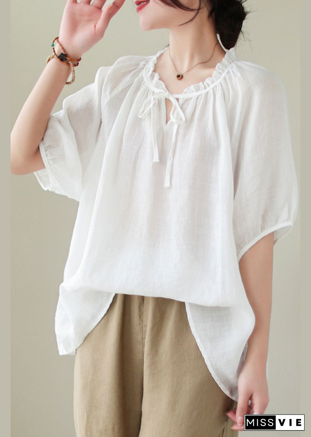 Modern White Lace Up Ruffled Linen Shirts Summer