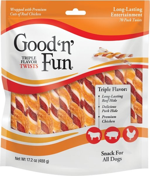 Good 'n' Fun Triple Flavor Chews Beef， Pork and Chicken Twists Dog Chews