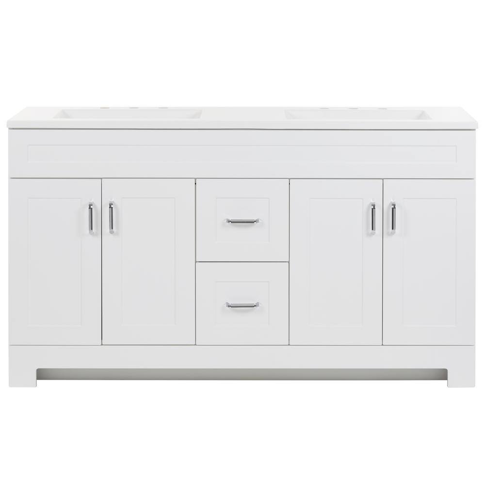 Glacier Bay Trudie 60.25 in. W x 18.75 in. D x 35 in. H Bath Vanity in White with White Cultured Marble Top TD60P2-WH