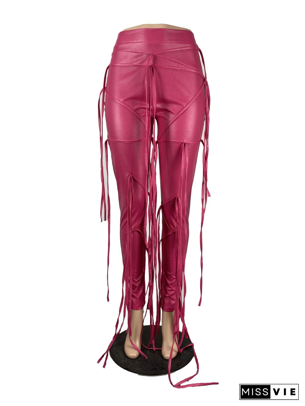 Fashion Wish Strapped Straps Solid Color Zipper Leather Pants