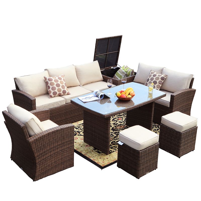 7-Piece Brown Wicker Outdoor Patio Conversation Seating Sofa Set with Cushions