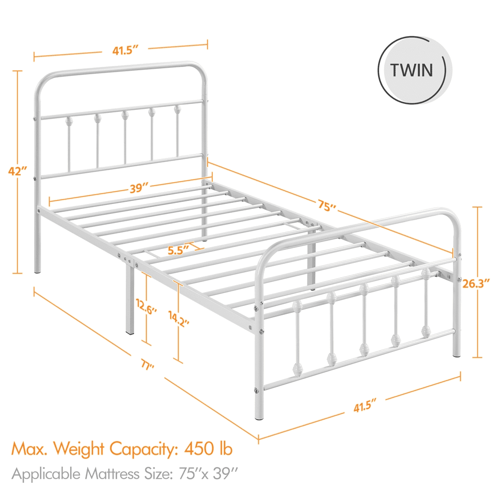 Alden Design Metal Platform Twin Bed with High Headboard, White