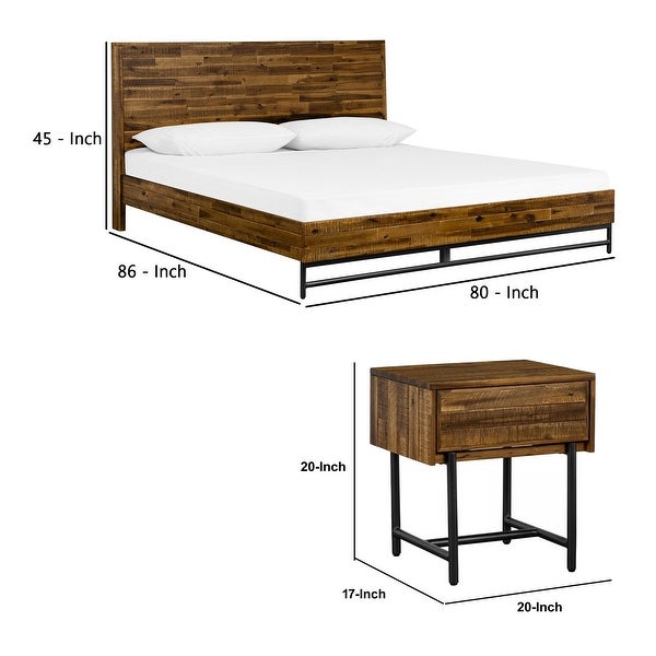 Wooden King Size Bedroom Set with Nightstand， Set of 3， Black and Brown - - 33305262