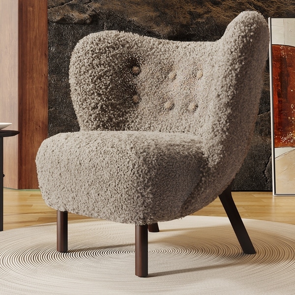 Modern Accent Chair with Lambskin Sherpa Wingback Tufted Side， Solid Wood Legs