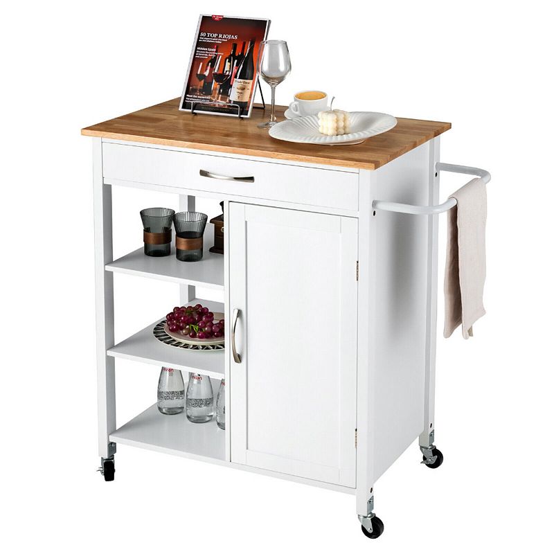 Mobile Kitchen Island Cart with Rubber Wood Top