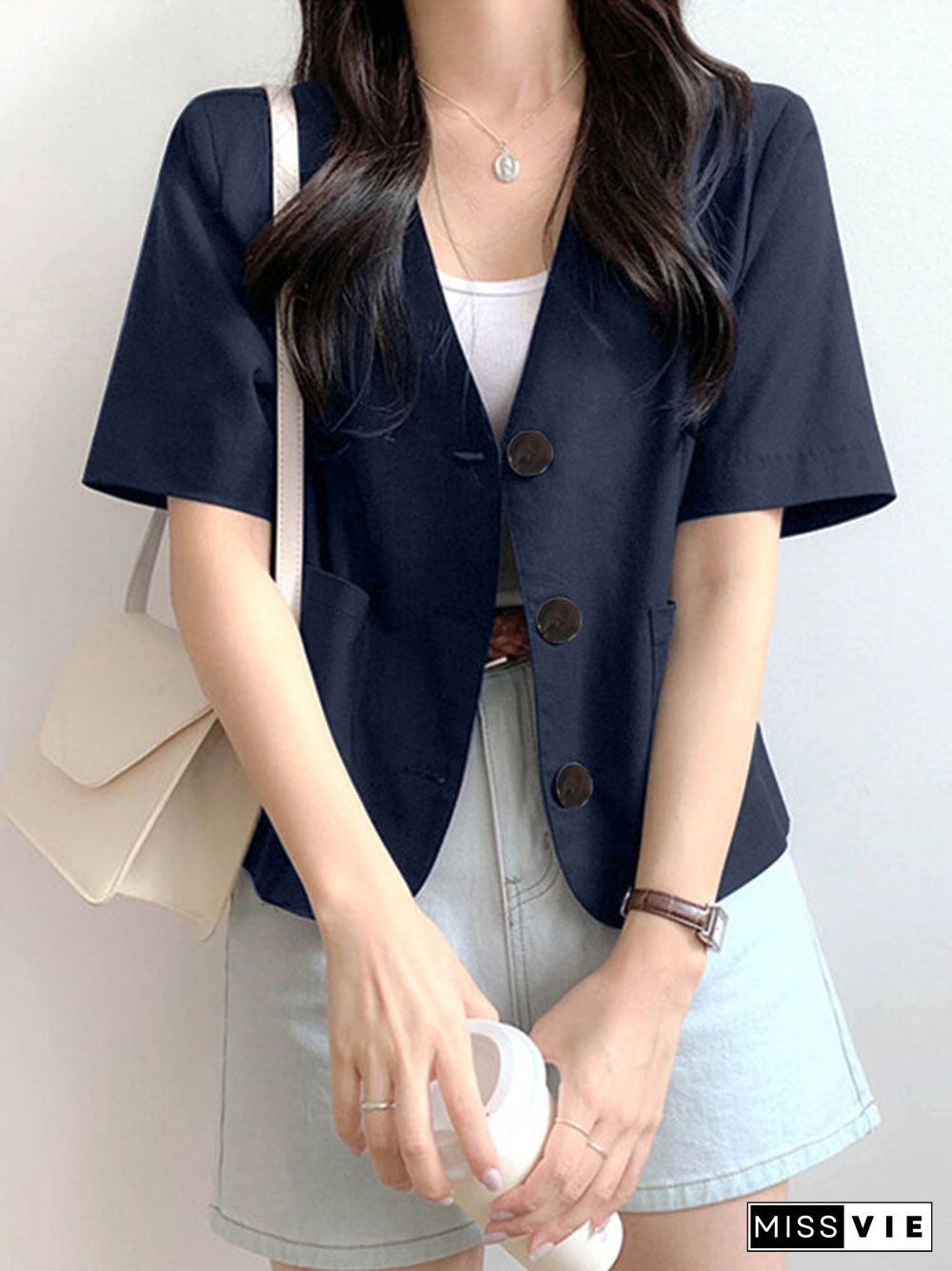 Solid Button Front Pocket Short Sleeve Lapel Blazer