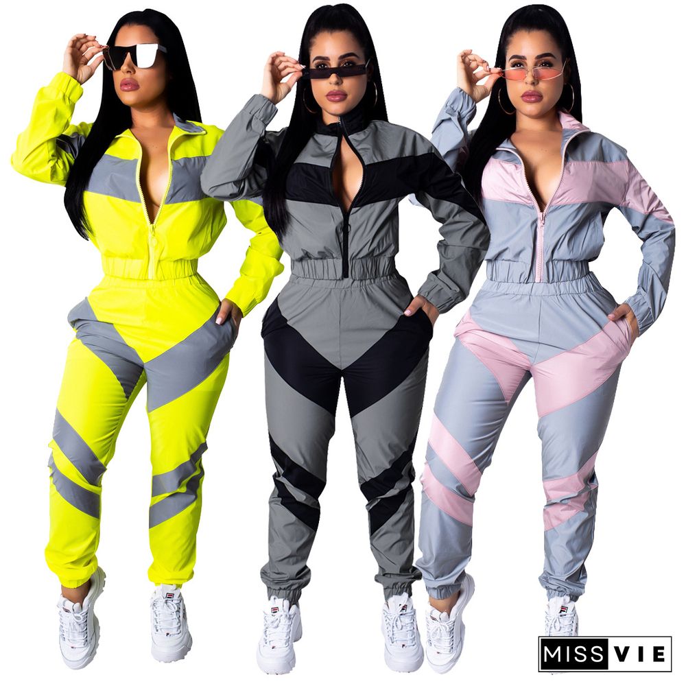 Leisure Patchwork Zipper Pants Set 2 Pieces