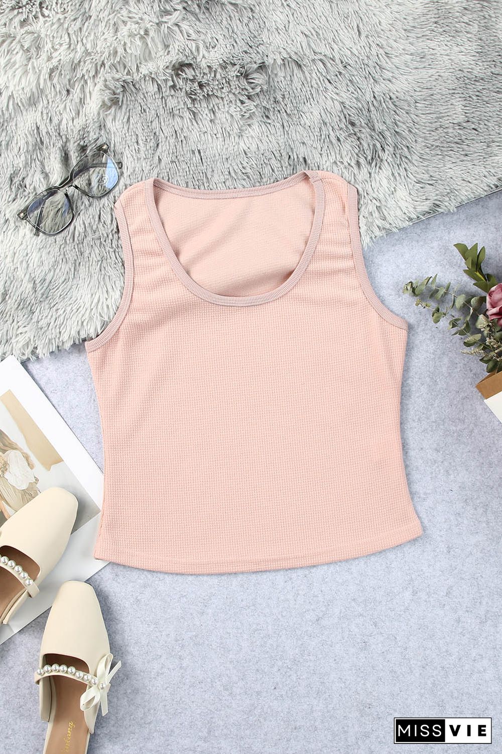 Plain Waffle Knit U Neck Tank Top