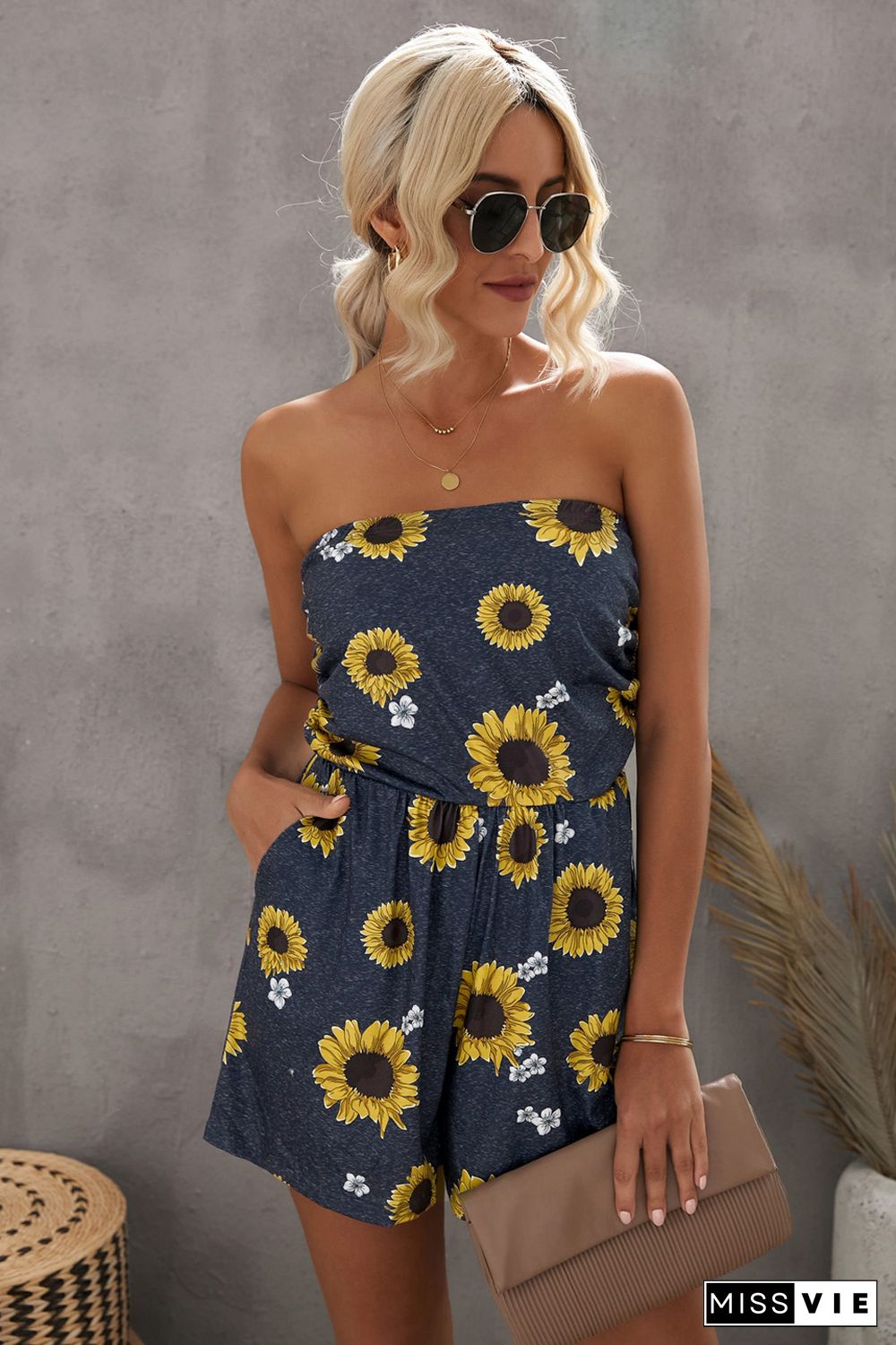 Yellow Floral Print Bandeau Romper with Pockets