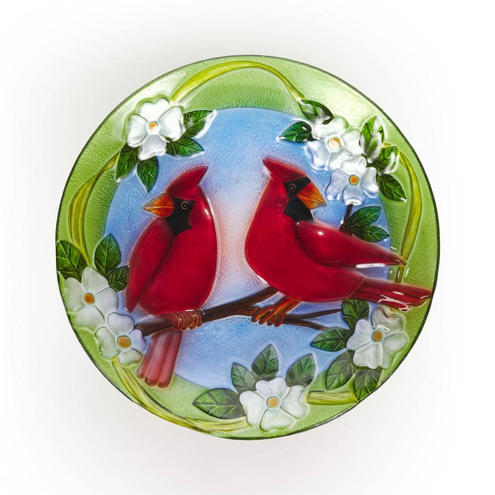 Alpine Corporation 18 in. Round Outdoor Birdbath Bowl Topper with Painted Red Cardinal and Floral Design KPP608T-18