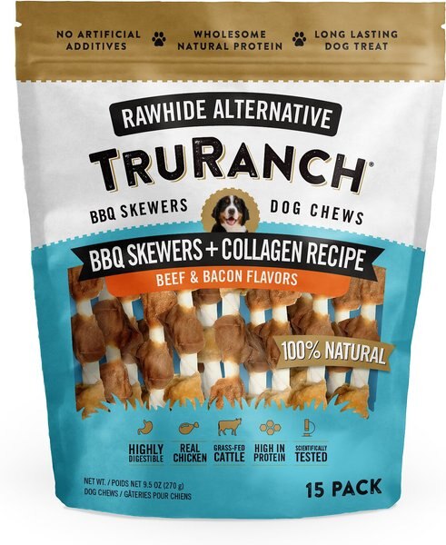 TruRanch BBQ Collagen Skewers Hard Chew Dog Treats， 5-in， 15 count