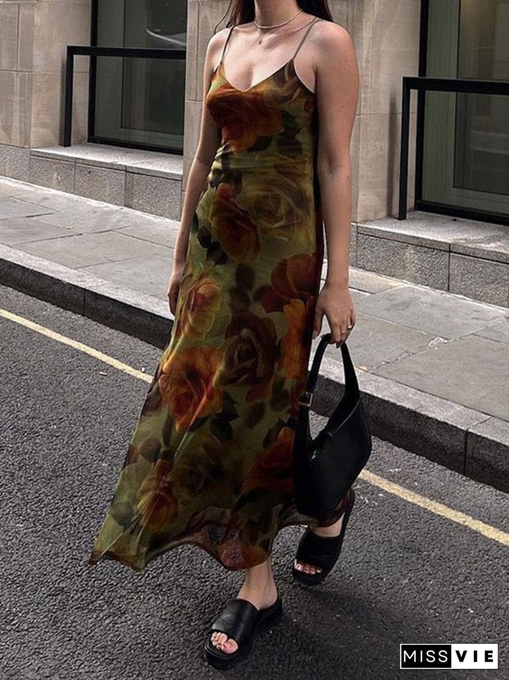 V Neck Floral Cami Maxi Dress