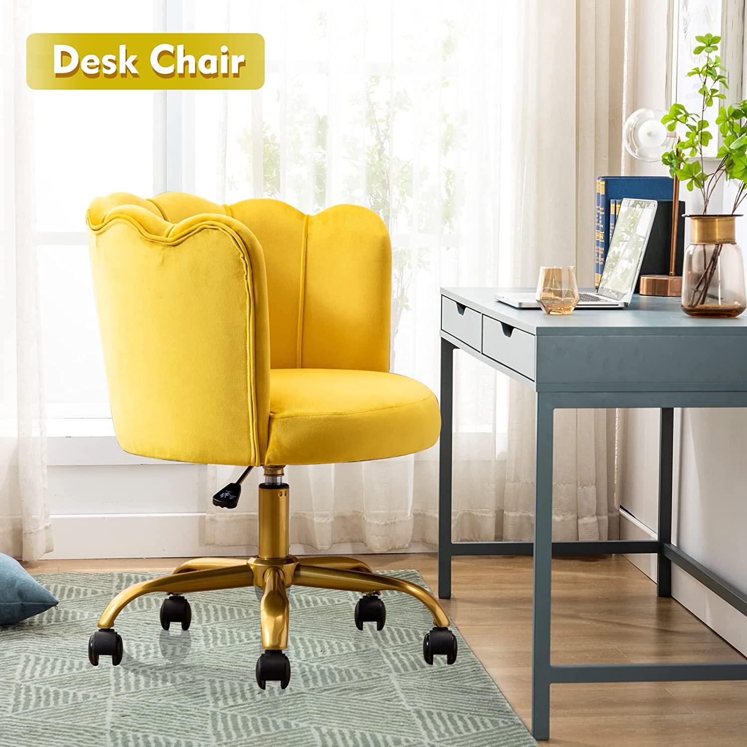 Office Task Chair， Comfortable Velvet Desk Chair Upholstered Swivel Rolling Vanity Chair Height Adjustable for Makeup Room， Living Room， Bedroom， Yellow