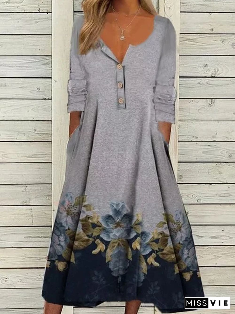 Gray Floral Printed Buttoned V Neck Casual Long Sleeve A-line Dresses