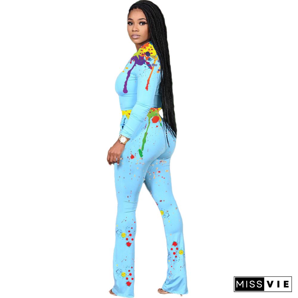 Splash Ink Printing Zip Crop Top And Pants Set