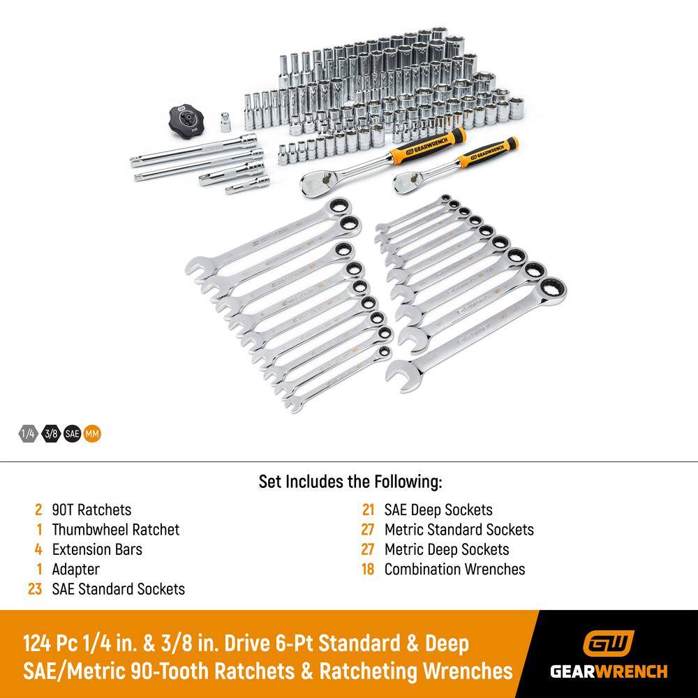 GEARWRENCH 14 in. and 38 in. Drive 6-Point StandardDeep SAEMM 90-Tooth Mechanics Tool Set with Ratcheting Wrenches (124-Piece) 8300186698CB