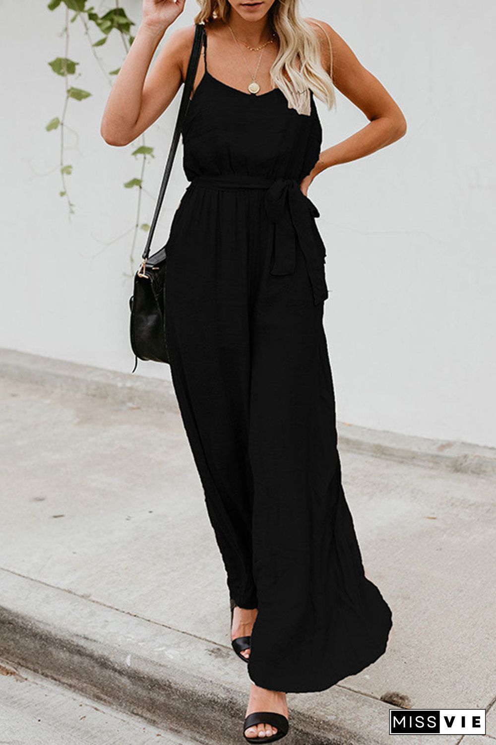 Fashion Street Solid Split Joint Spaghetti Strap Loose Jumpsuits