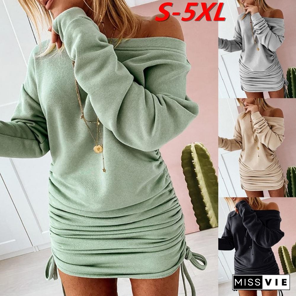 Women Fashion Sexy Off Shoulder Ruched Drawstring Bodycon Mini Dress Casual Solid Color Long Sleeve Pullover Sweatshirt Autumn Winter Ladies Cotton Long Tops Blouses Plus Size S-5XL